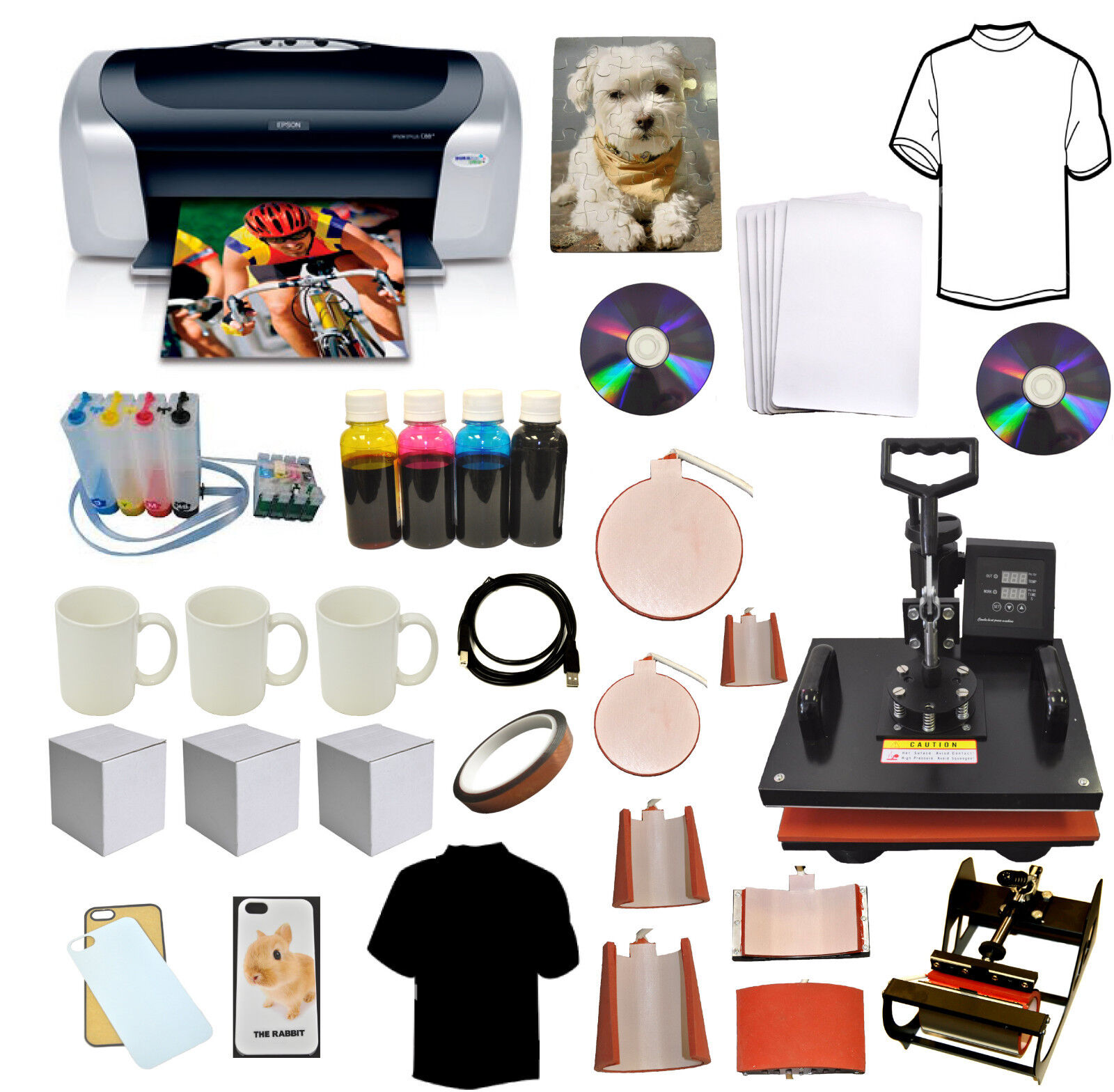 8 in1Heat Press,Photo Printer,CIS Sublimation T-shirts,Mug,Hat,Plate,Ink Refils