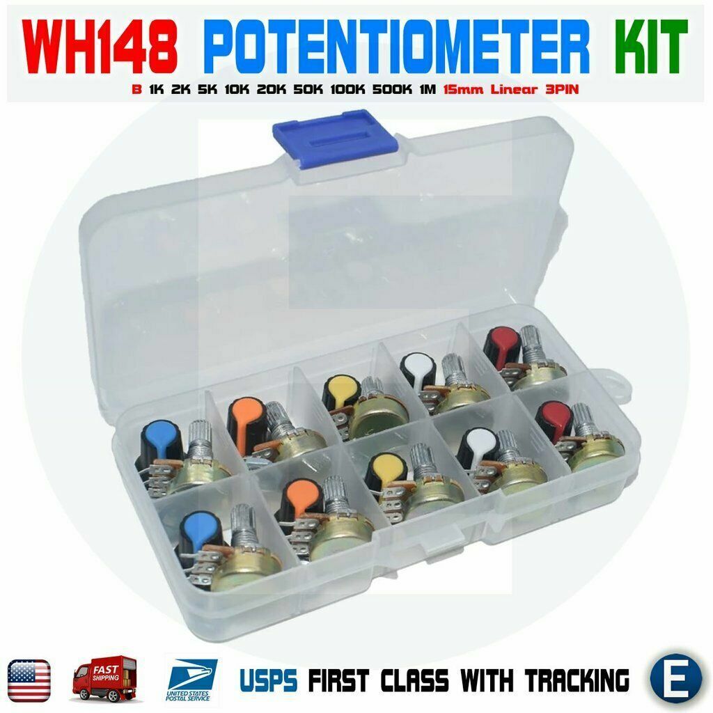 WH148 Potentiometer Kit B1K 2K 5K 10K 20K 50K 100K 500K 1M 15mm Box + Cap USA