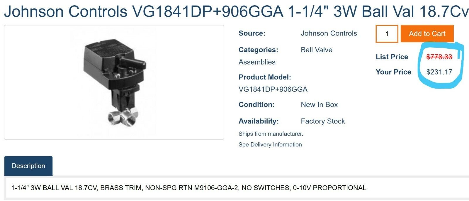 Johnson Controls VG1841DP+906GGA 1-1/4\
