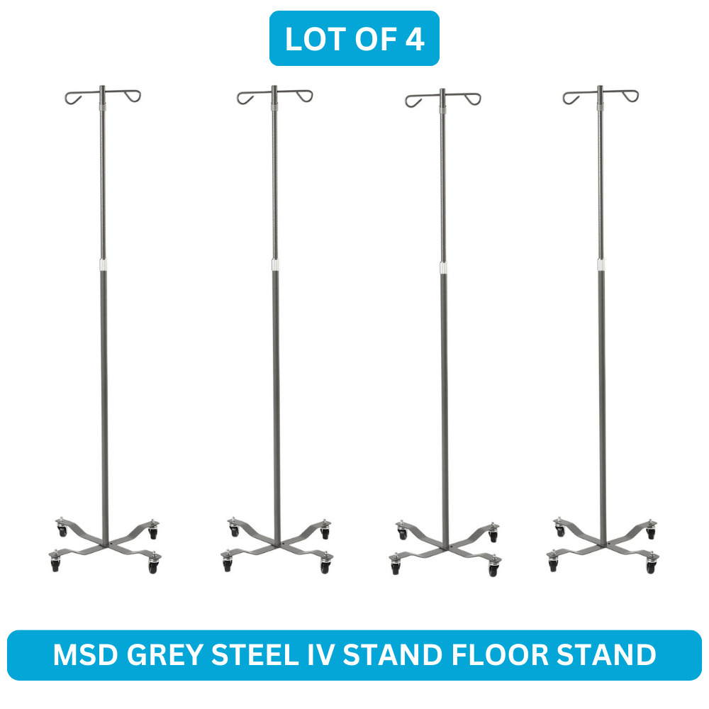 New | Lot of 4 | MSD MS400E Medical IV Pole 2 Hooks 4 Legs Hammered Gray Steel