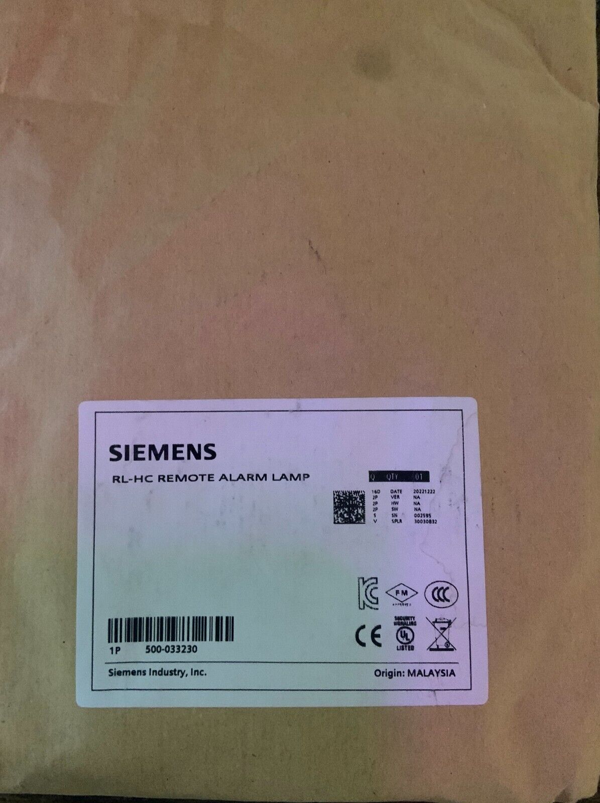 Siemens Building Technologies RL-HC Remote Alarm Lamp 500-033230