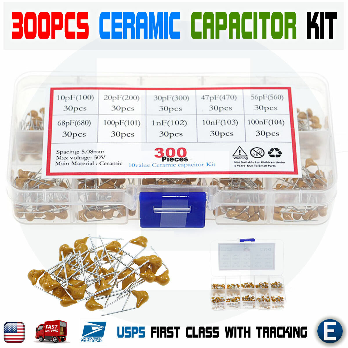 300pcs 10 Values 50V 10pF - 100nF Multilayer Ceramic Capacitor Kit 30pcs Each