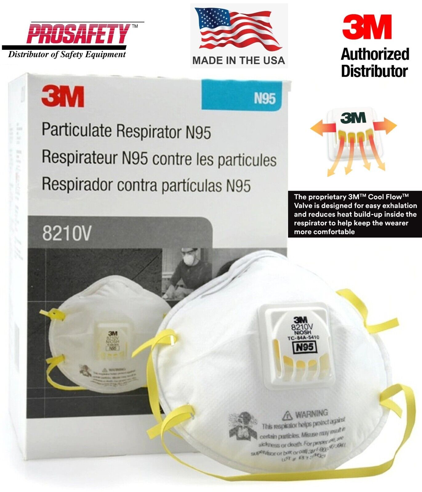 3M 8210V N95 Particulate Respirator Protection Masks W/ Exhalation Valve 10 BX