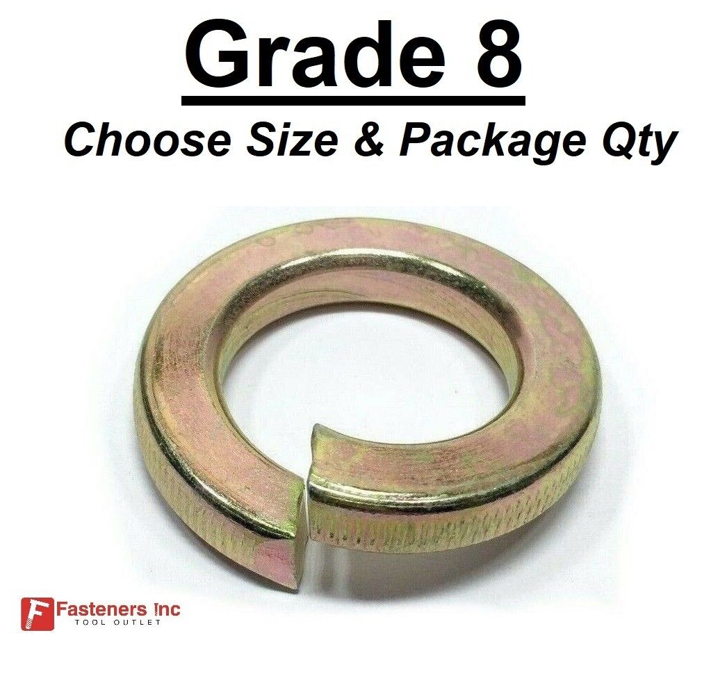 Grade 8 Hardened Yellow Zinc Plated Steel Split Lock Washers (All Sizes & Qty)