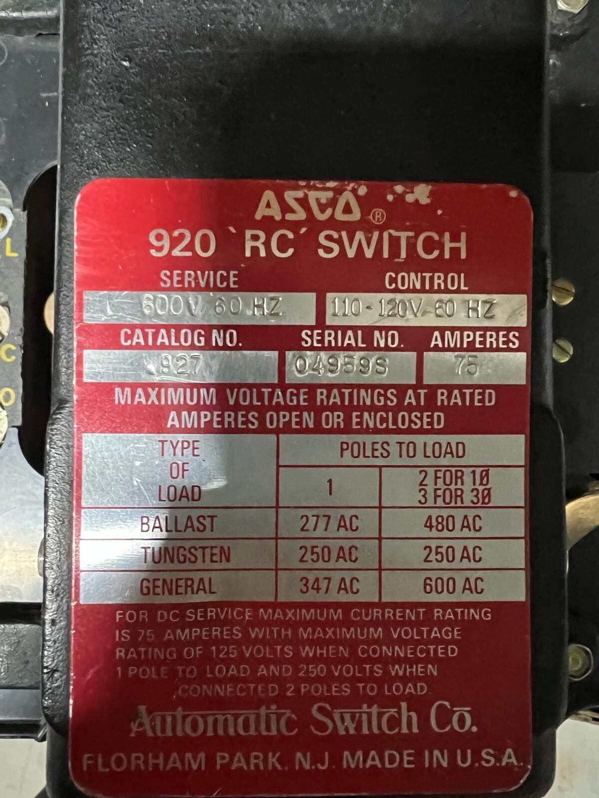 Asco 9204 920 Remote Control Switch 600VAC 75 Amp Coil 110-120 VAC 60Hz 3 Pole
