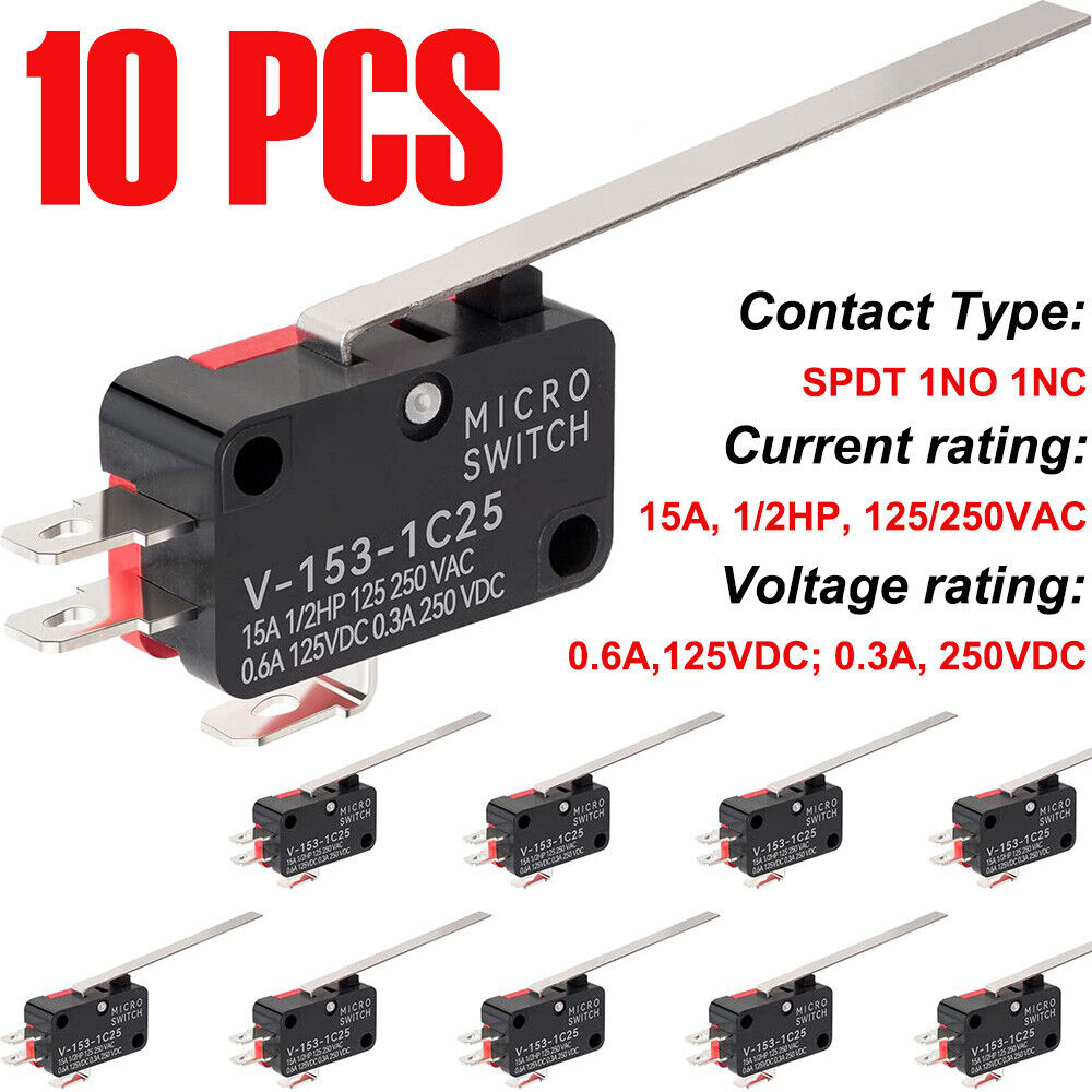 10PCS Micro Limit Switch Mini Tact Switch Long Hinge Lever 15A 1/2HP 125/250V AC