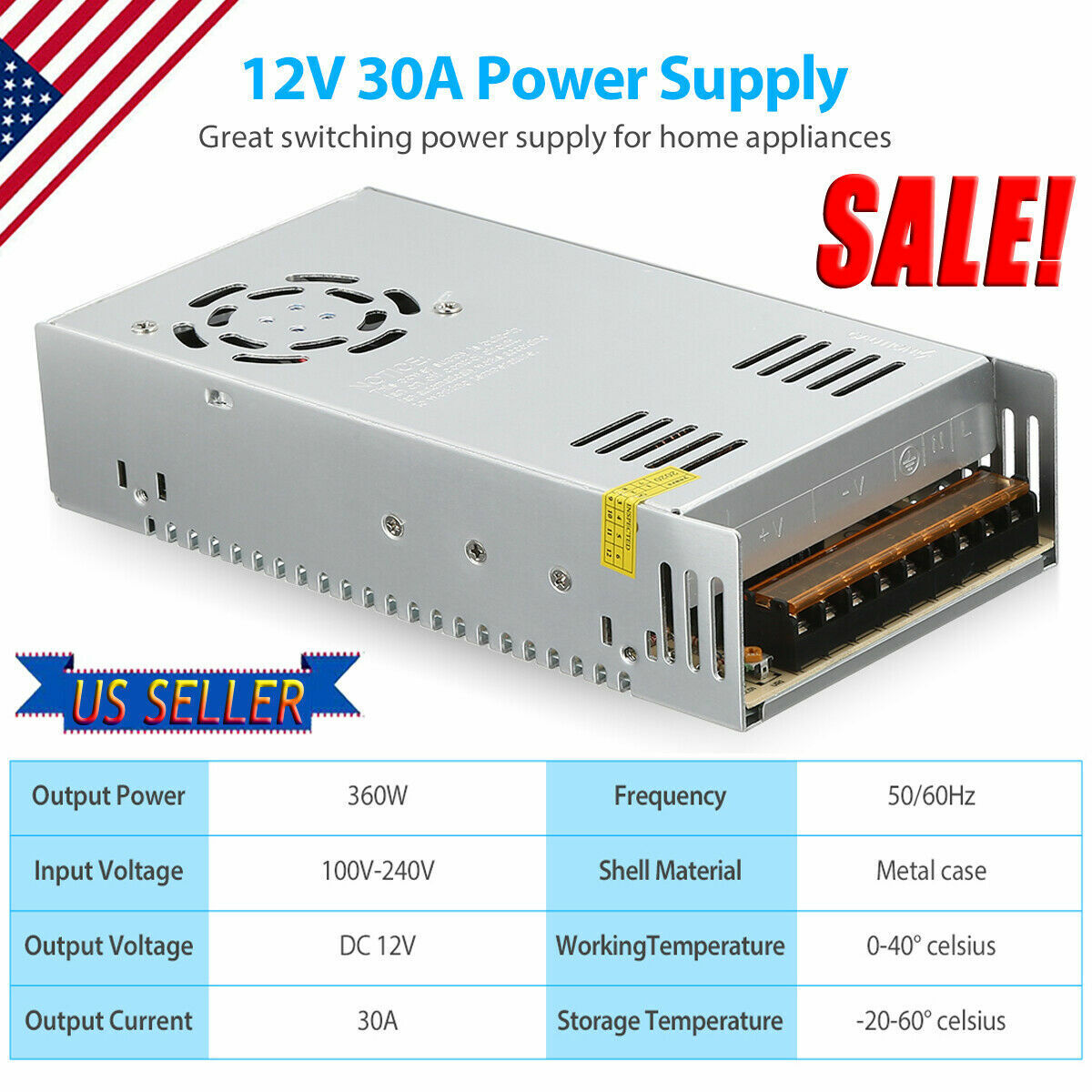 12V 30A DC Amp Switching Power Supply Adapter for LED Strip Light AC 110V/220V