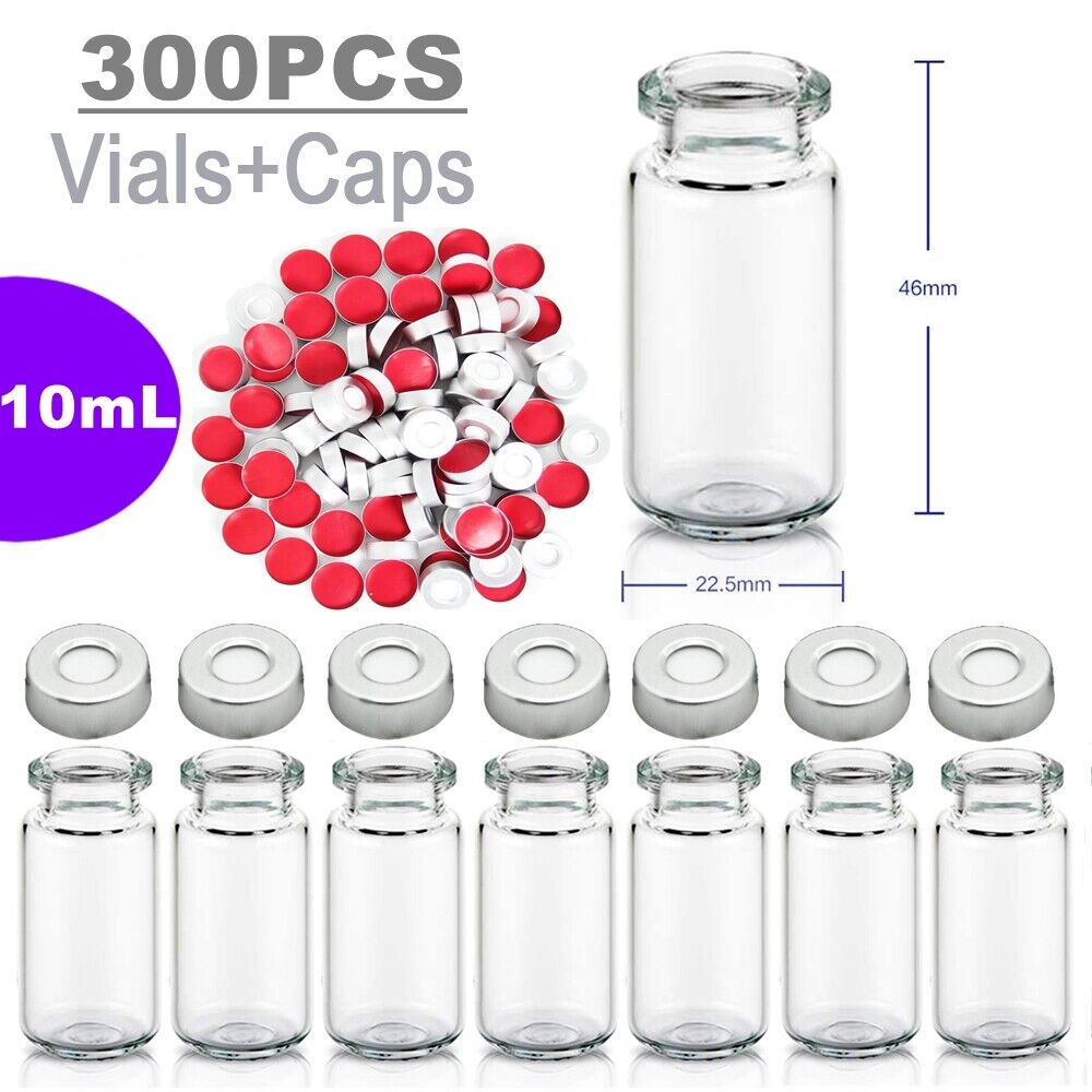 300PCS 10ml Vials Clear Glass Bottle +Aluminum Crimp Caps HPLC GC Sample Vial US