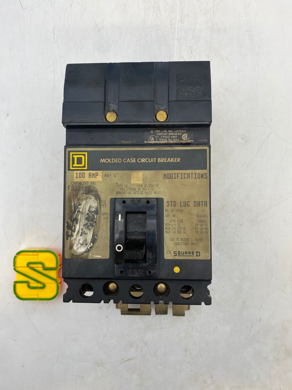 Square D FA32100 Circuit Breaker Type FA 100A 240VAC 250VDC 3-P 1-Phase (Used)