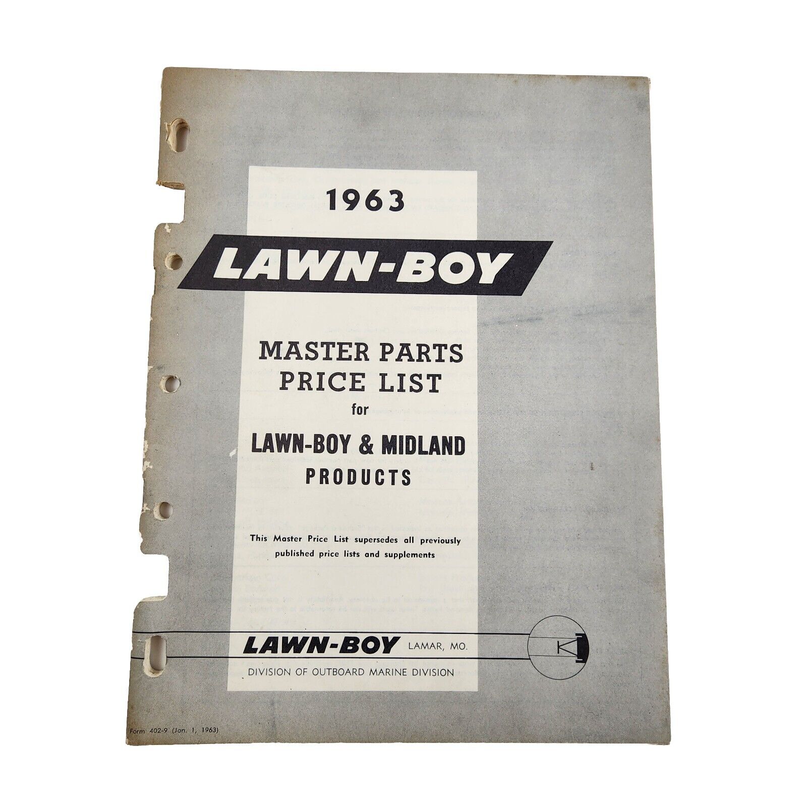 Vintage 1963 Lawn Boy Master Parts Price List