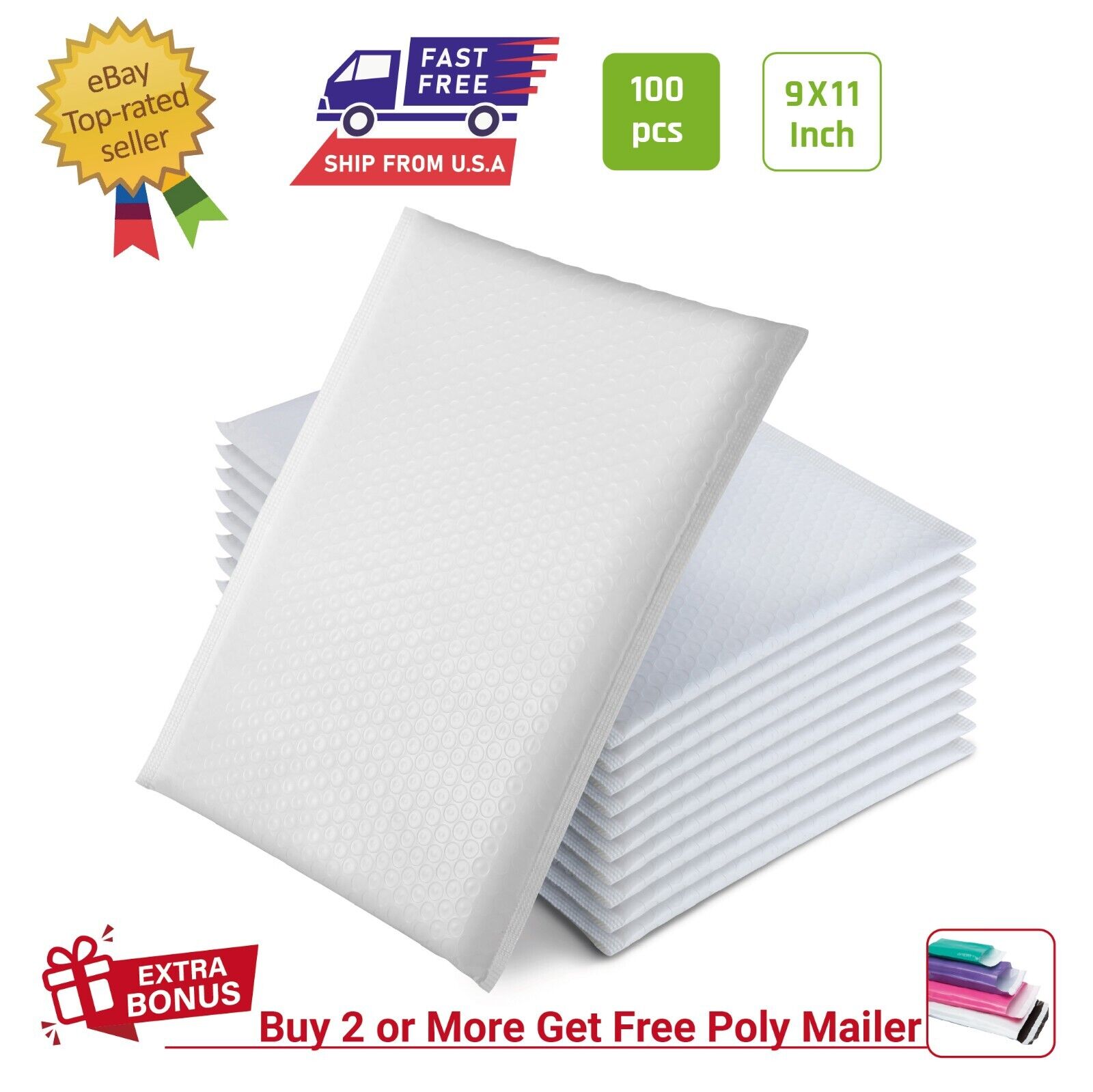 #2 100 PCS 9x11 in Poly Air Bubble Mailers Padded Envelopes Shipping Bags, White