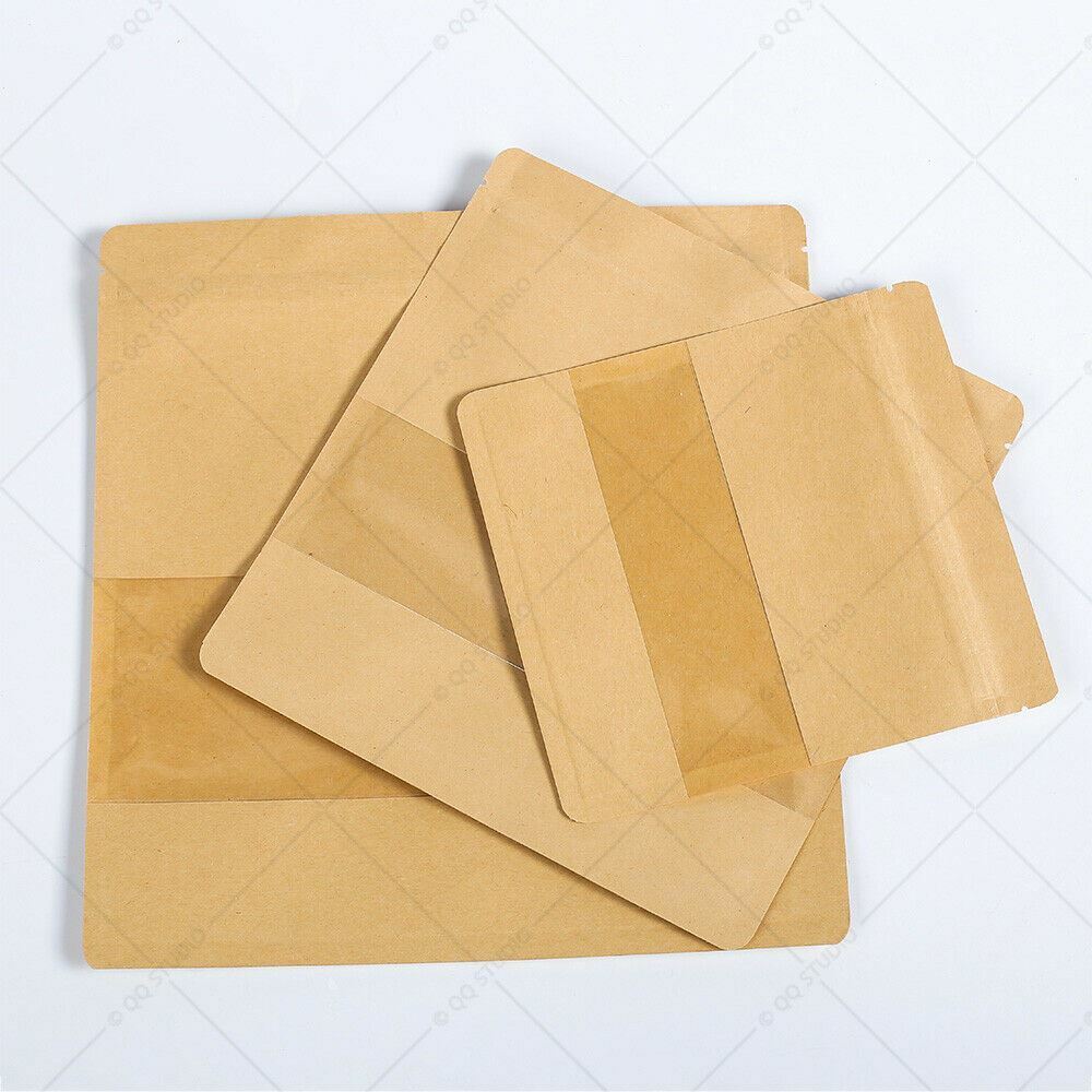 Multi-Size Kraft Paper Mylar Flat Zip Lock Bag w/ Clear Rectangle Window