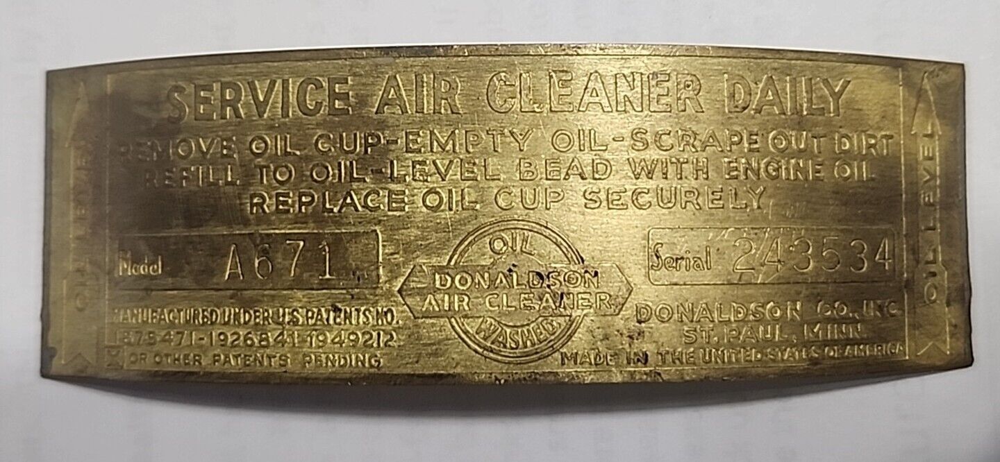VINTAGE DONALDSON CO. AIR CLEANER BRASS METAL PLATE
