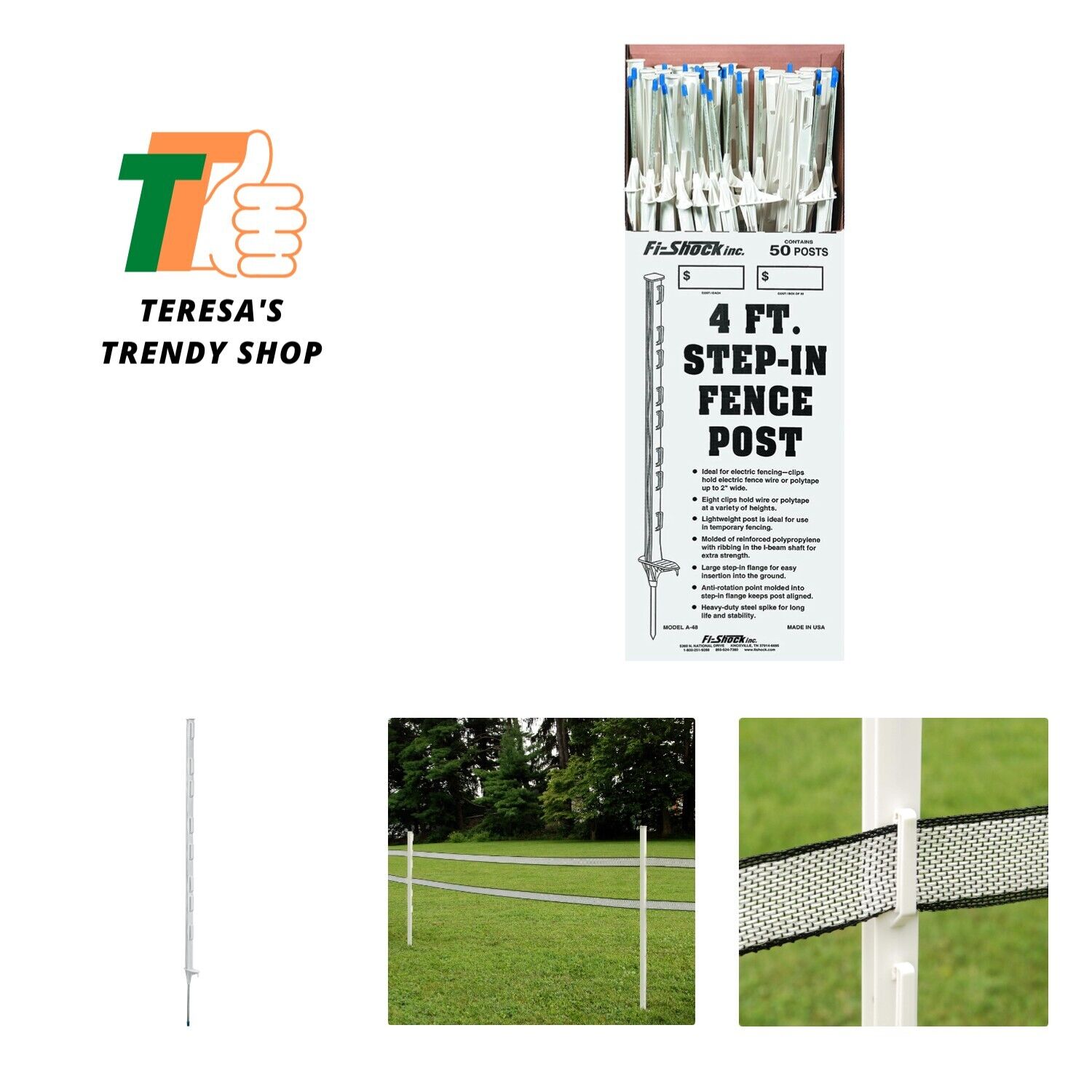 Step-In Fence Post, 4\', 50 White Posts, White