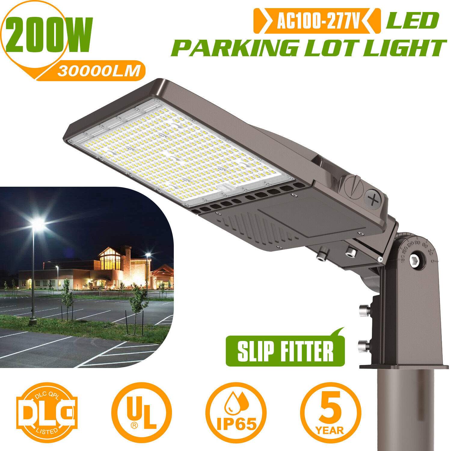 UL 200W LED Parking Lot Pole Light Commercial Shoebox Fixture Dusk To Dawn 5000K