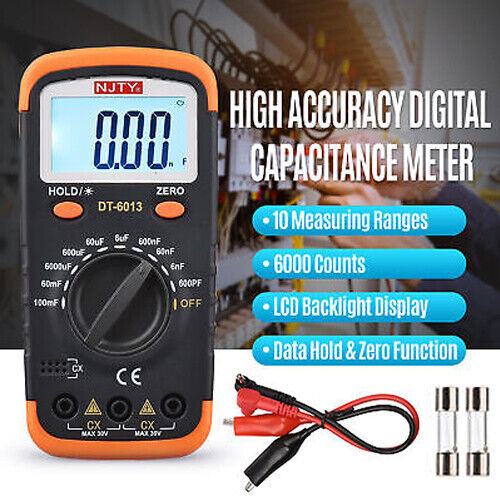 DT-6013 NJTY Digital Capacitance Meter 6000 Count Capacitor Tester Kit+Fuse Q9K0