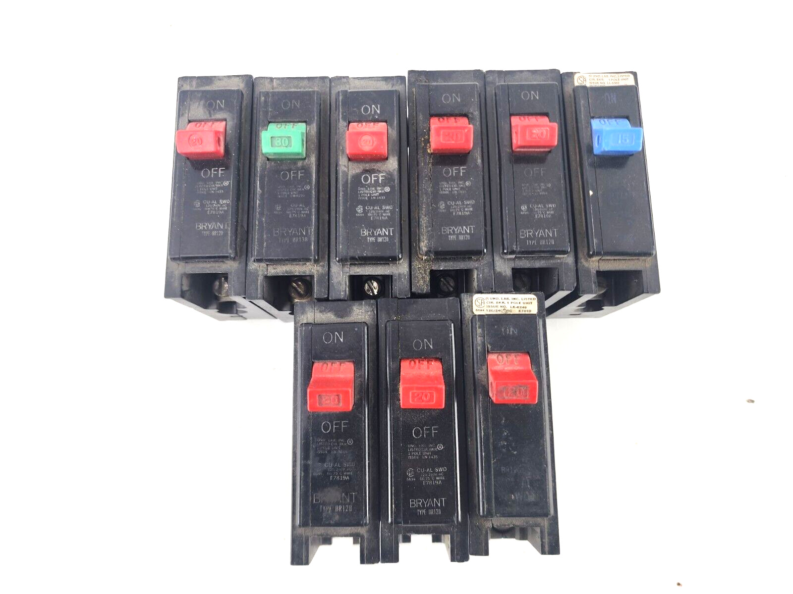 9pcs Used Bryant 1 Pole Circuit Breaker Type BR 15A 20A 30A