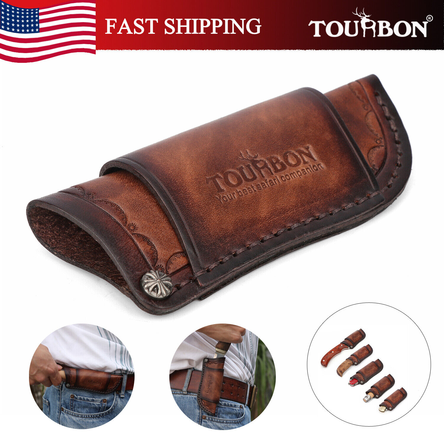 TOURBON Real Leather Folding Knife Belt Holster Horizontal/Vertical Sheath US