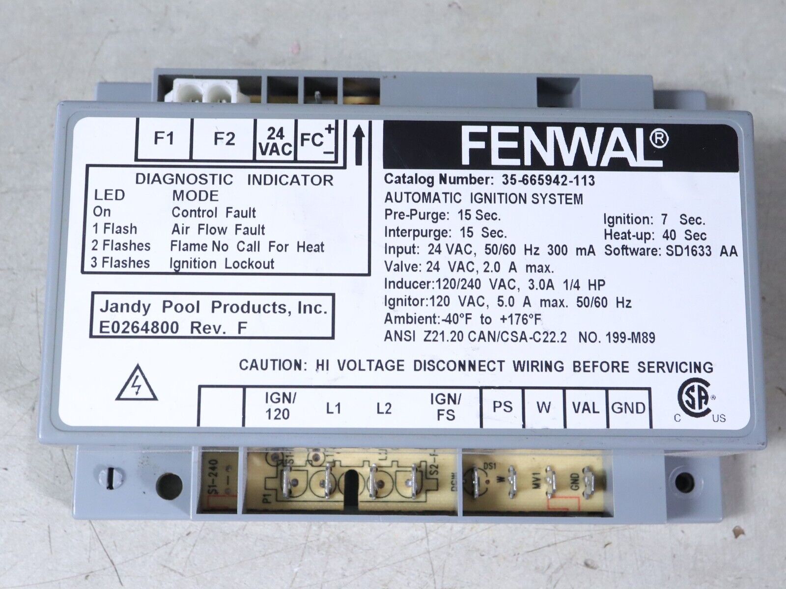 FENWAL 35-665942-113 Jandy E0264800 Automatic Ignition Control System Module