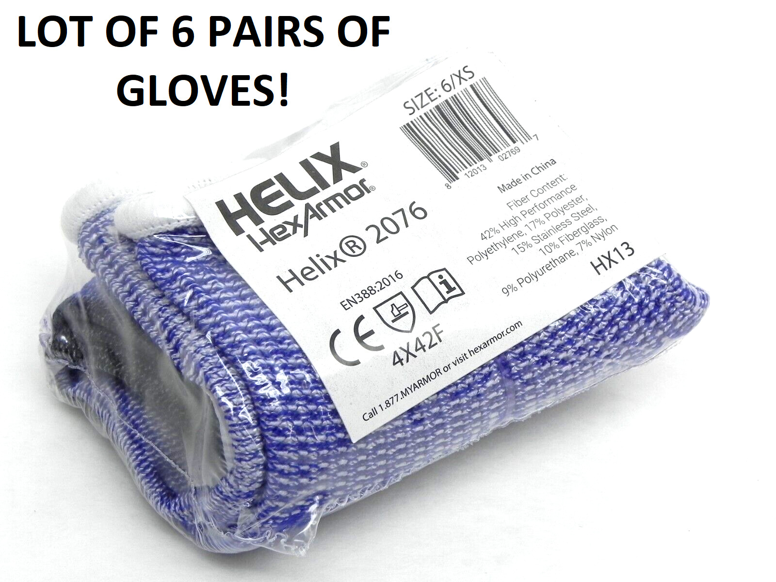 NEW LOT OF 6 PAIRS Helix 2076 HexArmor 6/XS Cut Resistant Work Gloves (HR)