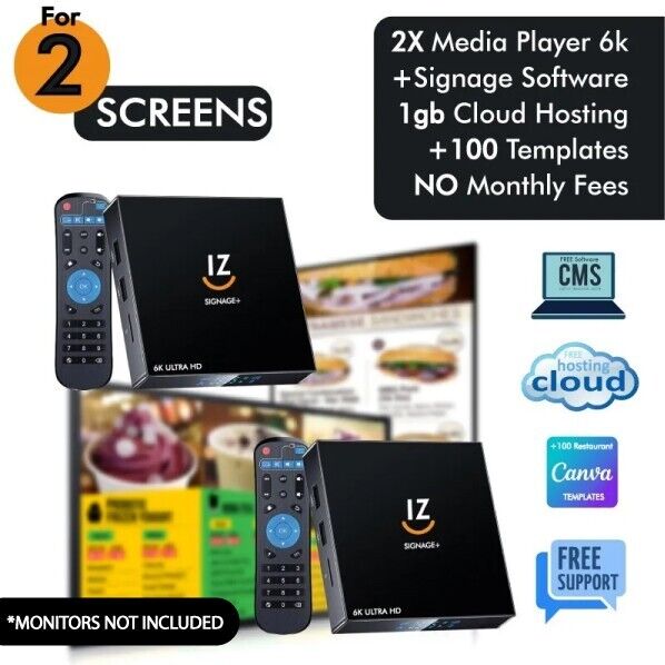 for 2 Screens Digital Signage Player 6k for Digital Menu Boards + FREE Software