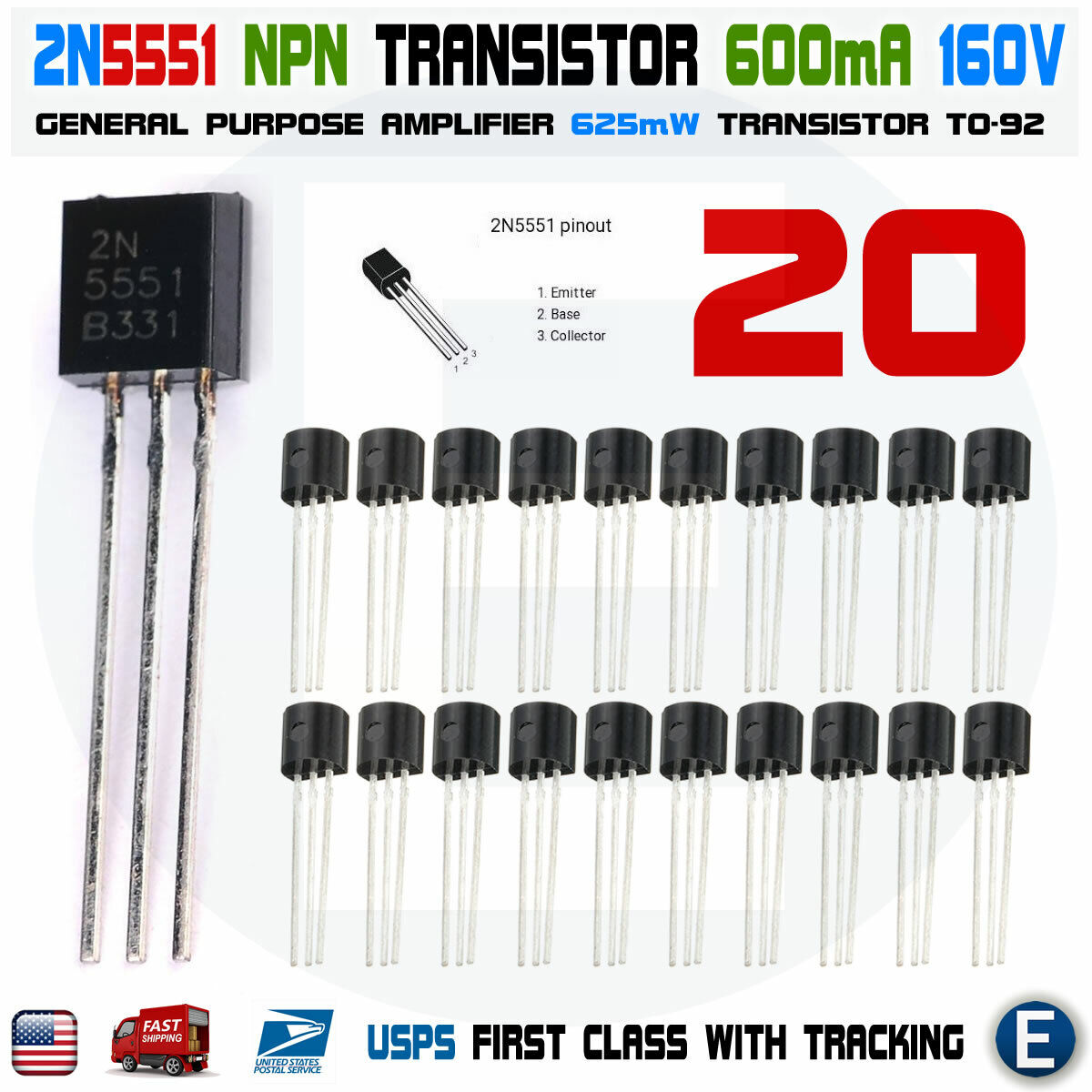 20pcs 2N5551 NPN Transistor 160V 600 mA 0.6A TO-92 Package USA Seller