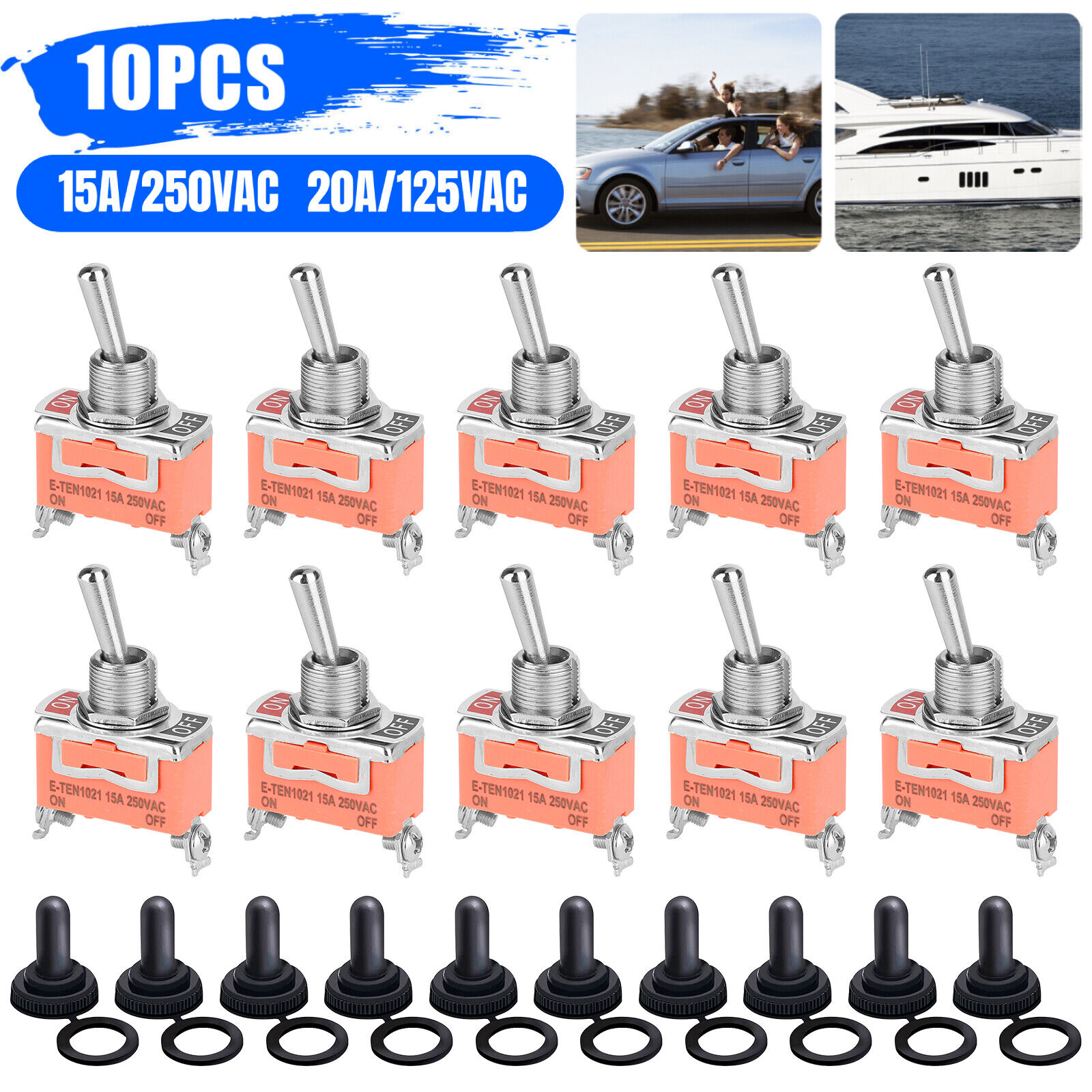 10X Toggle Switch ON/OFF Heavy Duty 15A 250V SPST 2 Terminal Car ATV Waterproof