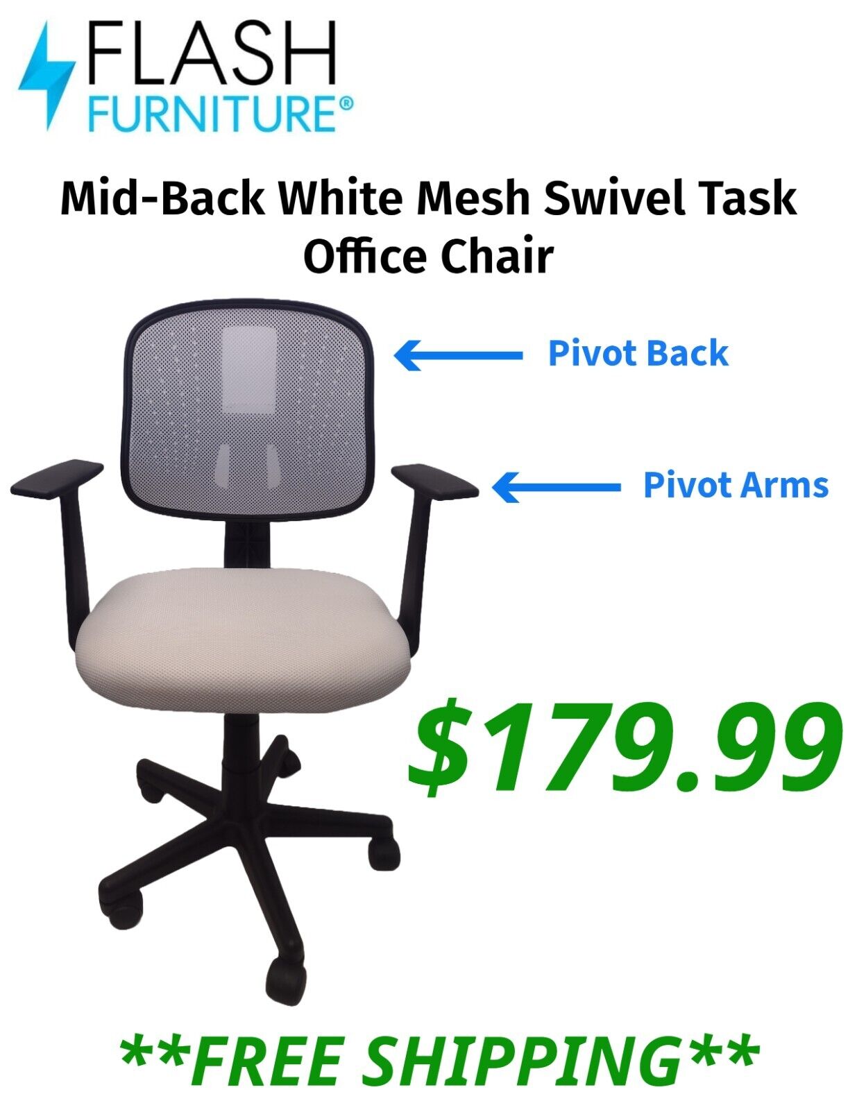 NEW - Flash Furniture Mid-Back White Mesh Swivel Office Chair - *FREE SHIPPING*