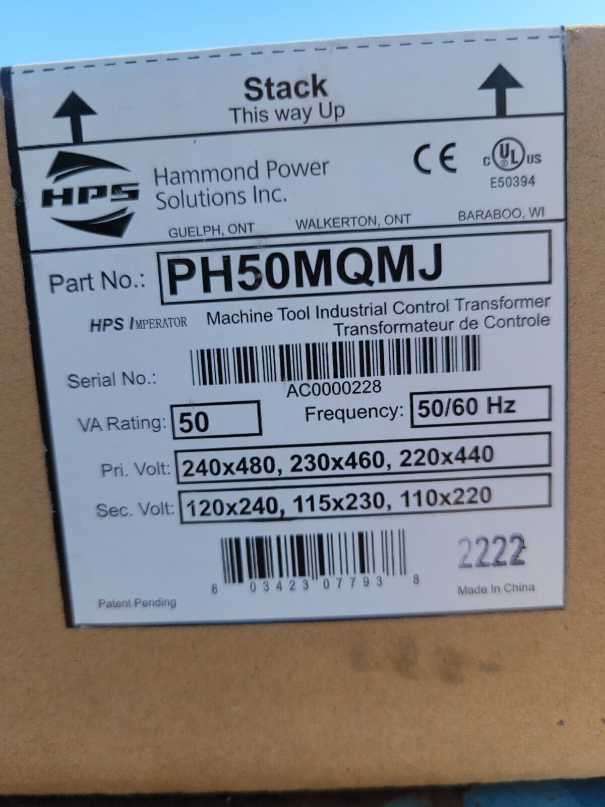 NEW HAMMOND PH50MQMJ INDUSTRIAL CONTROL TRANSFORMER 50VA 1PH 50/60HZ (10+ AVAIL)