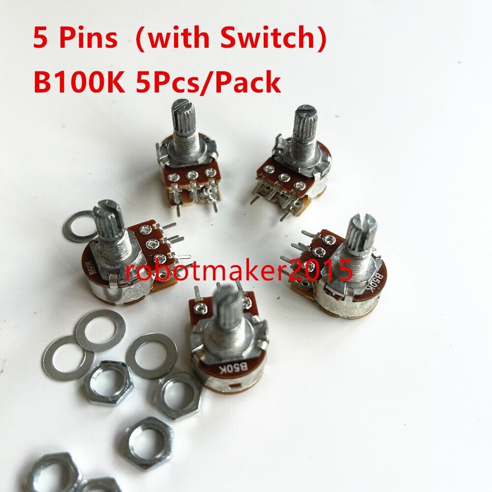 5Pcs B100K 100K WH148 5 Pins Potentiometer with Switch Shaft 15mm 5 Pin