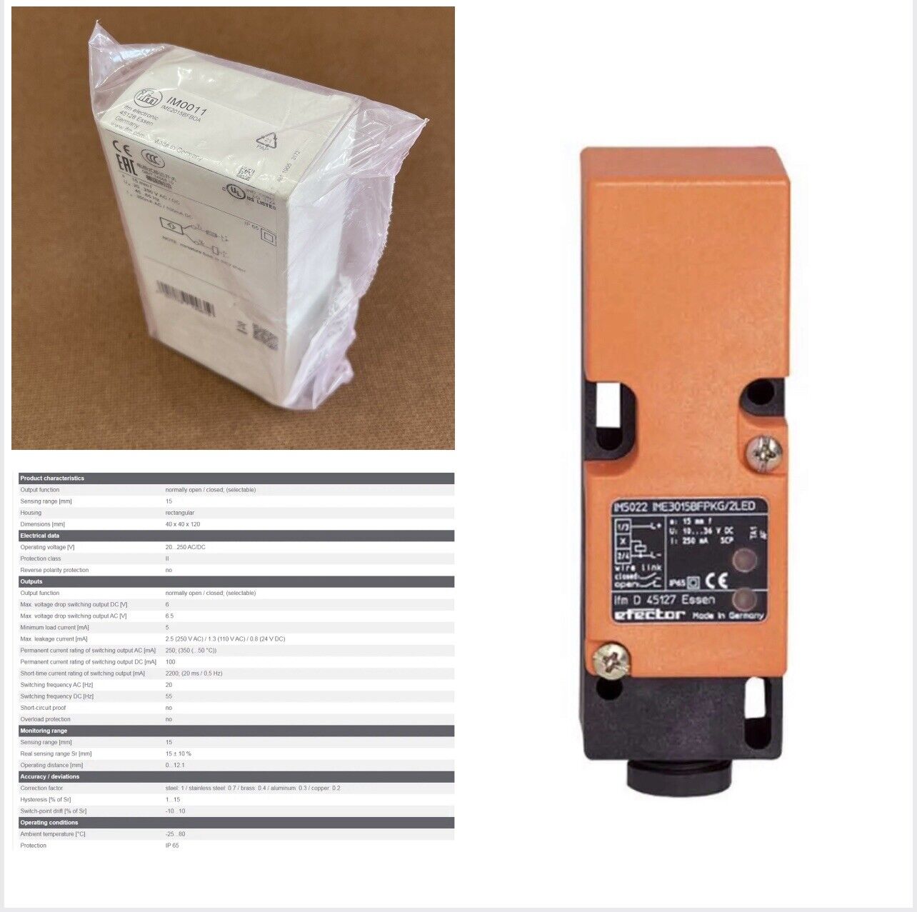 IFM IM0011  Inductive Sensor 20...250 AC/DC New ✦KD  45 65 Hz 350 mA Ac 100 mA D