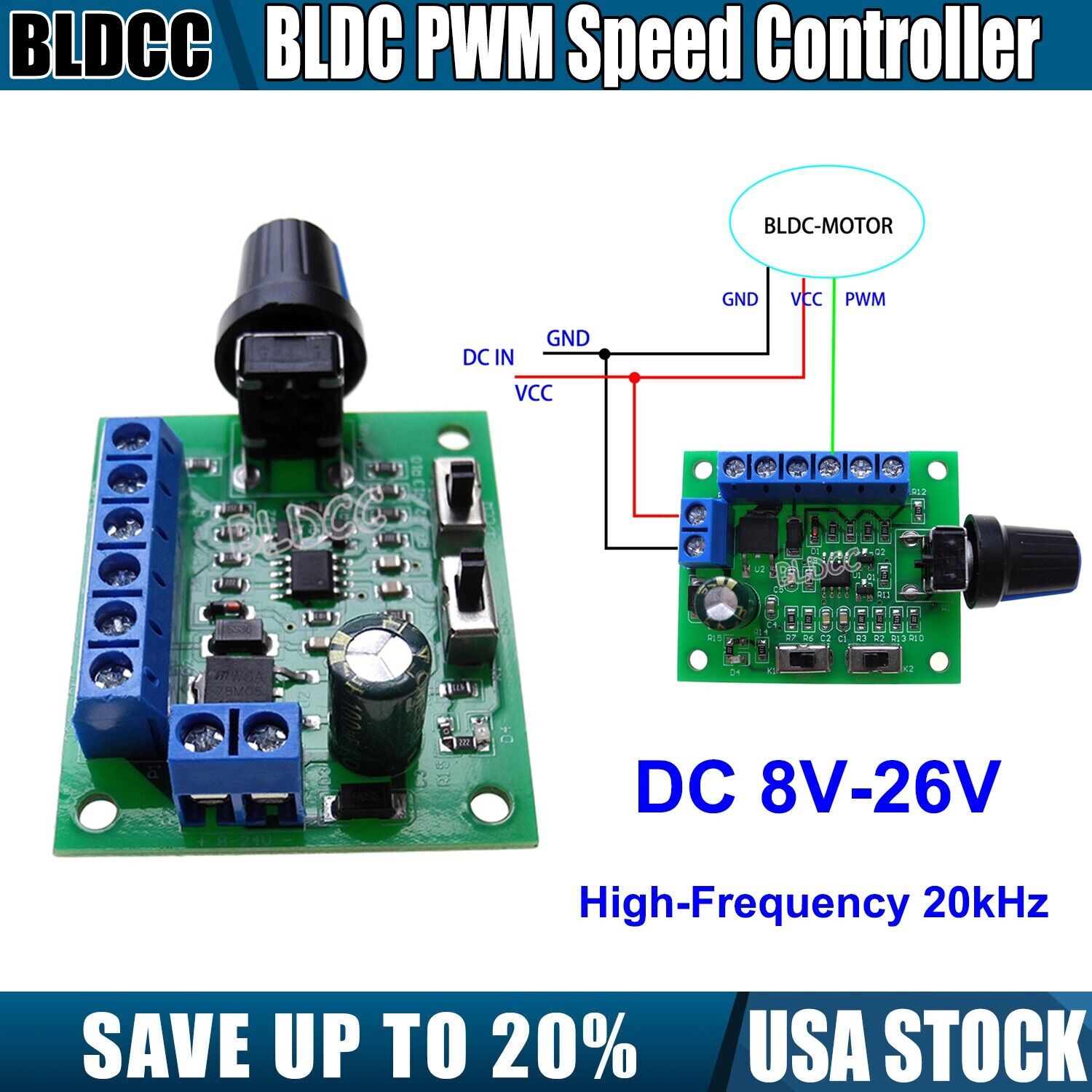 DC 12V/24V High-Frequency 20kHz BLDC PWM Speed Controller 8V-26V Speed Regulator