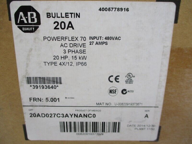 New Genuine New In Box Allen-Bradley 20AD027C3AYNANC0 