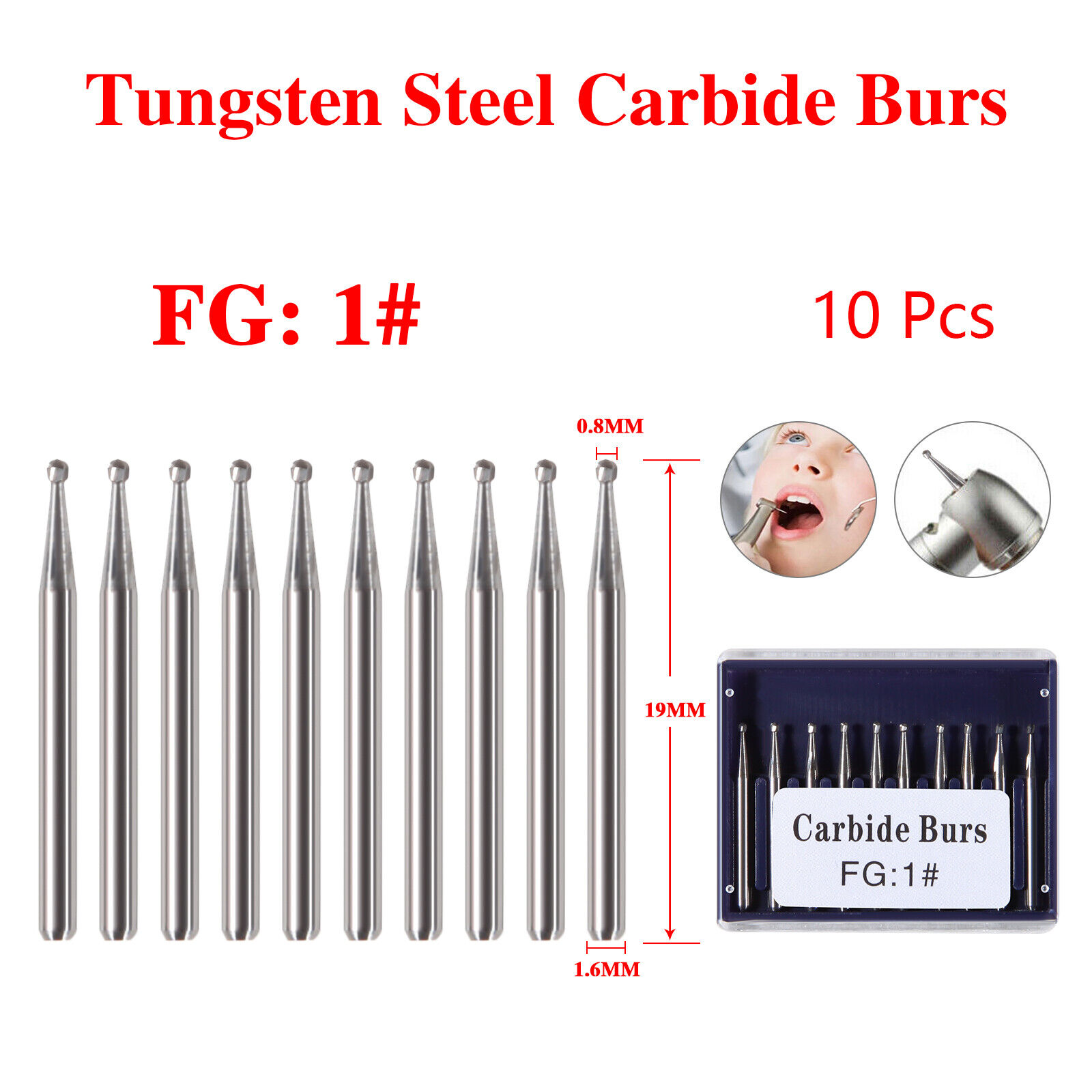 10PCS Dental Tungsten Carbide Round Burs FG(19mm) FG  For High Speed Handpiece