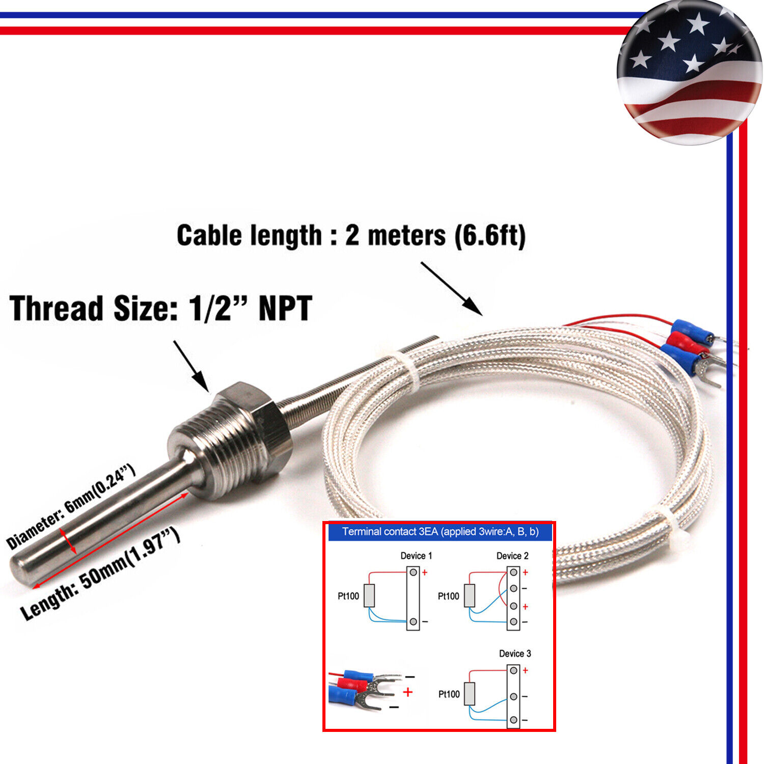 RTD Pt100 Temperature Sensor Probe 3 Wires 2M Cable Thermocouple 1/2\