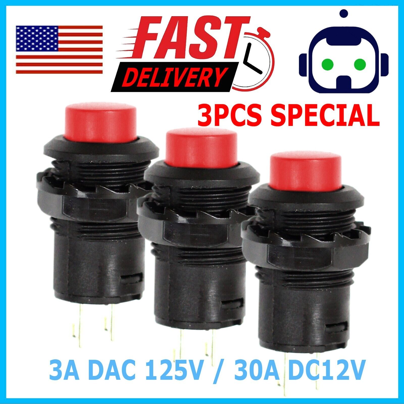 3 Pack SPST Normally On Off Open Momentary Push Button Switch Red