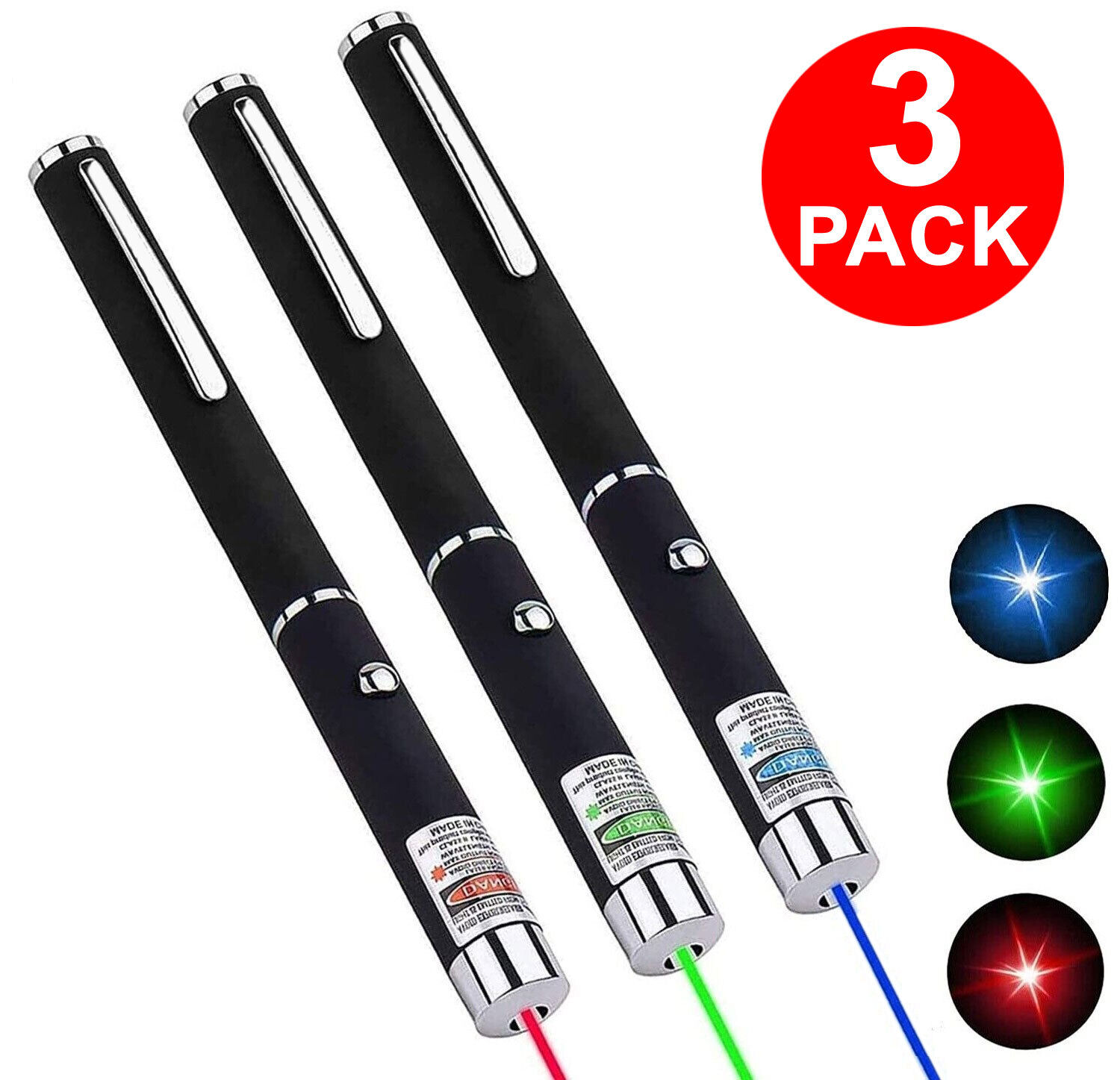 High Power Laser Pointer Pen Beam Light 3-Pack Red Blue Green