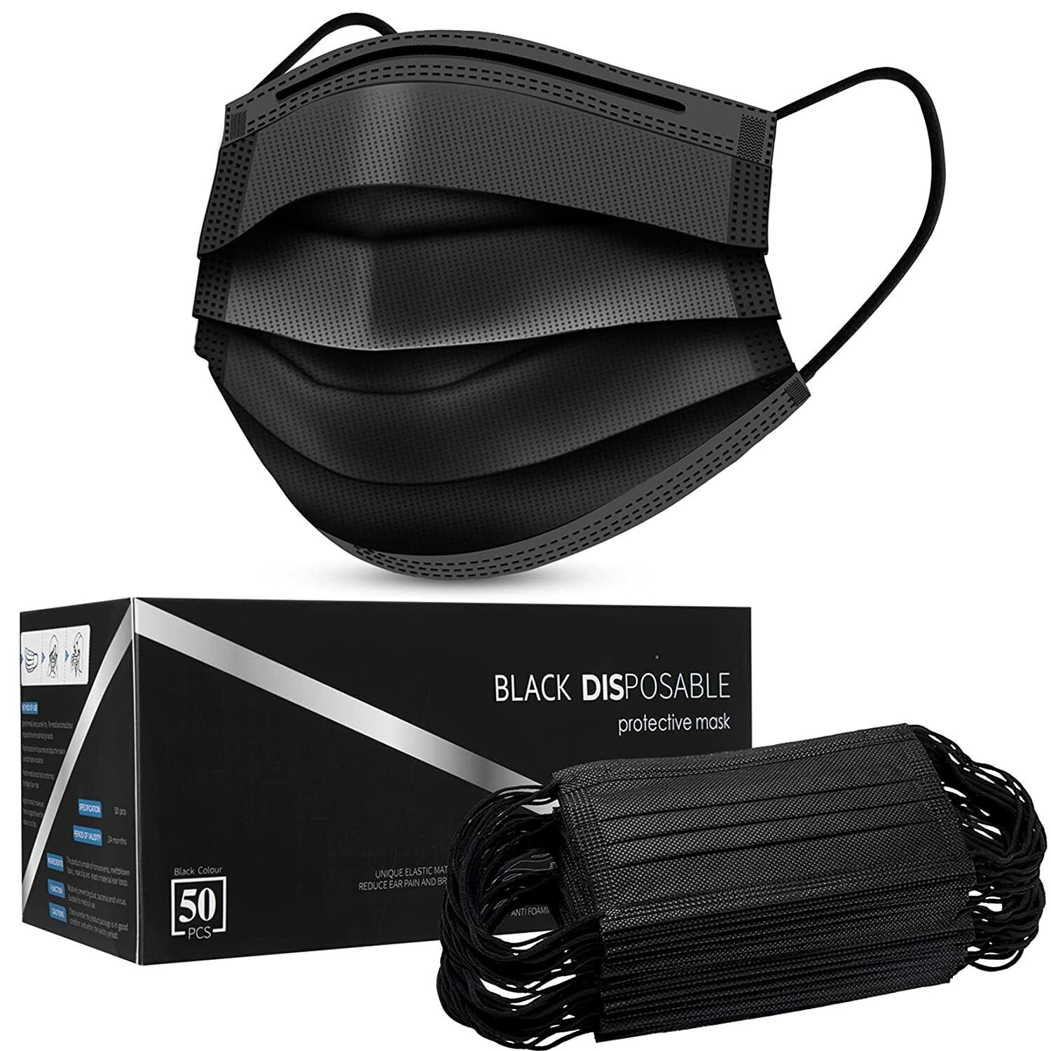 50 PCS Black Face Mask Mouth & Nose Protector Respirator Disposable Masks Black