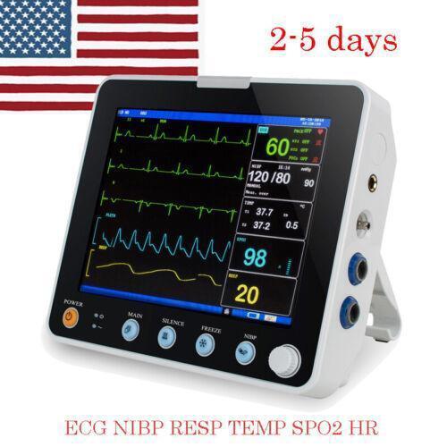 Medical 8'' ICU Portable Patient Monitor Vital Signs SpO2 HR NIBP ECG TEMP RESP