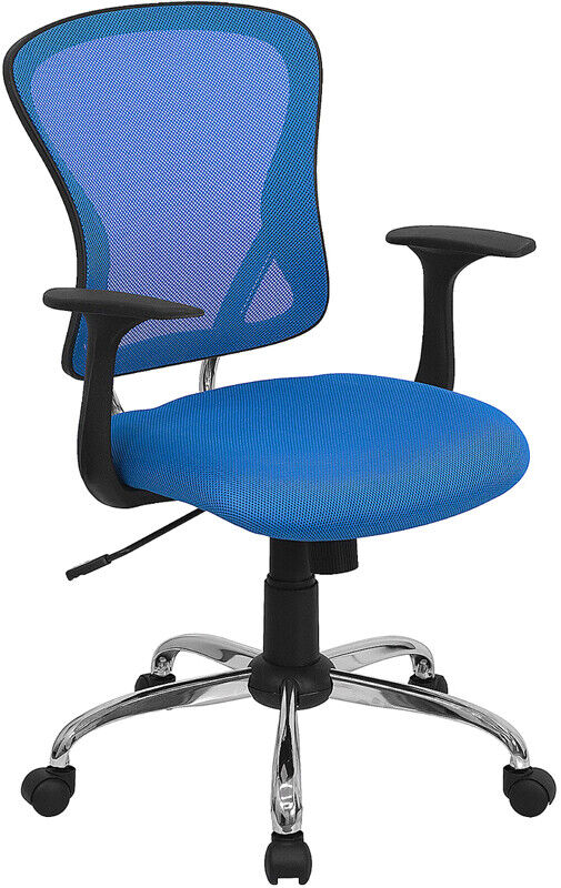 Mid-Back Blue Mesh Swivel Office Chair with Arms & Built-In Lumbar Support 