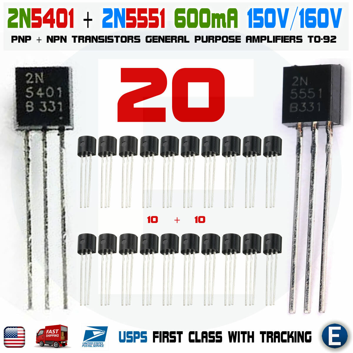 20pcs 10 x 2N5401 10 x 2N5551 Pairs Transistors NPN PNP TO-92 USA Seller