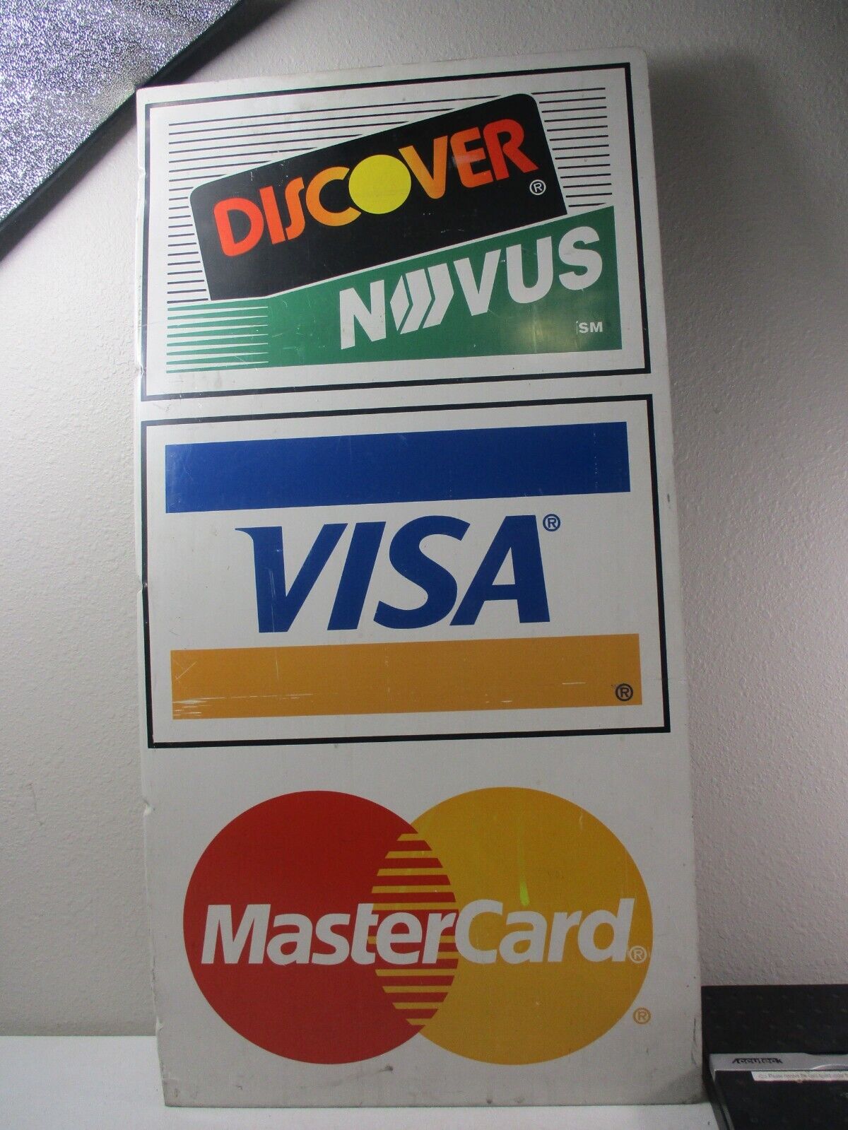 VINTAGE * DISCOVER * MASTER CARD *  VISA * TWO SIDED  METAL SIGN 16” X 31 1/2”