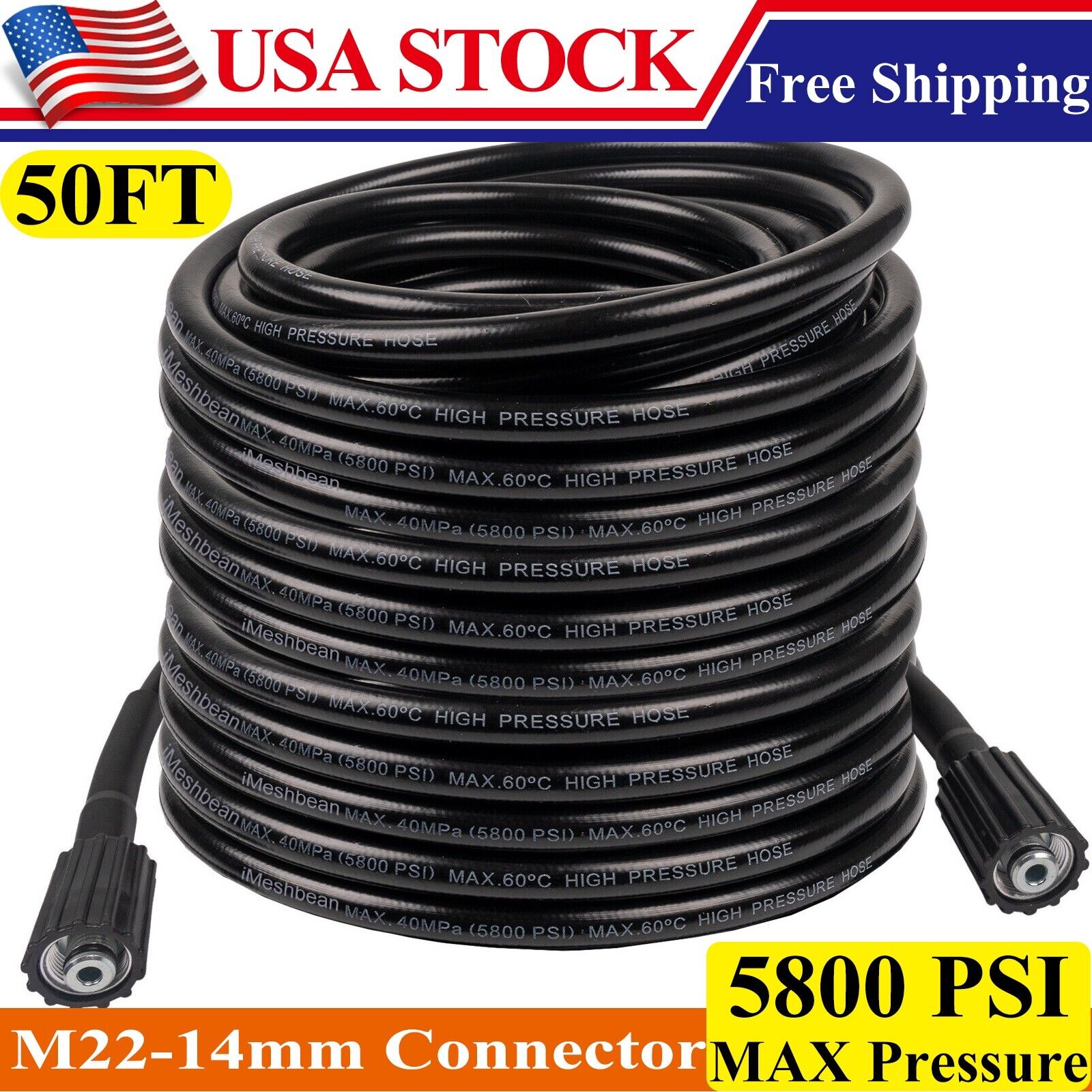 High Pressure Washer Hose 15m/50ft 5800PSI M22-14mm Power Washer Extension Tube