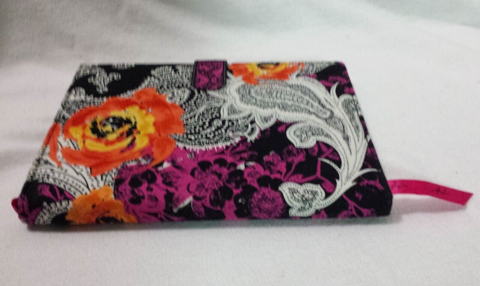 Fabric Cover Lined Journal Diary Notebk Orange Hot Pink Floral Paisley on Black 