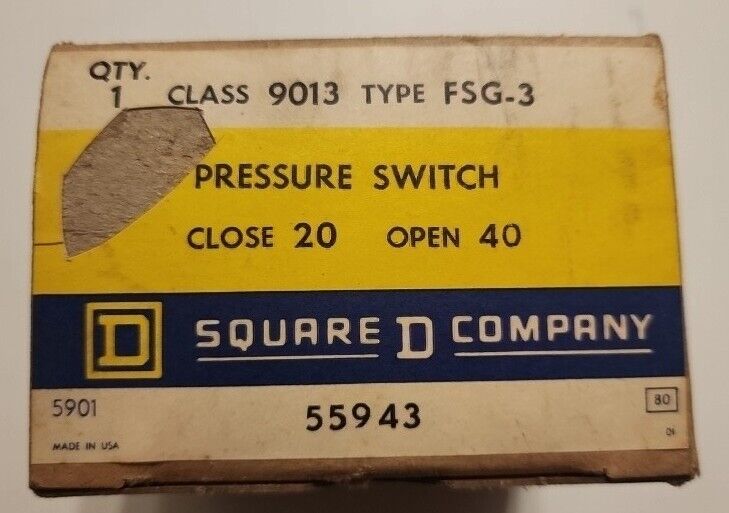 NEW NOS Vintage Square D Pumptrol Pressure Switch 20/40 psi 55943 9013 FSG-3