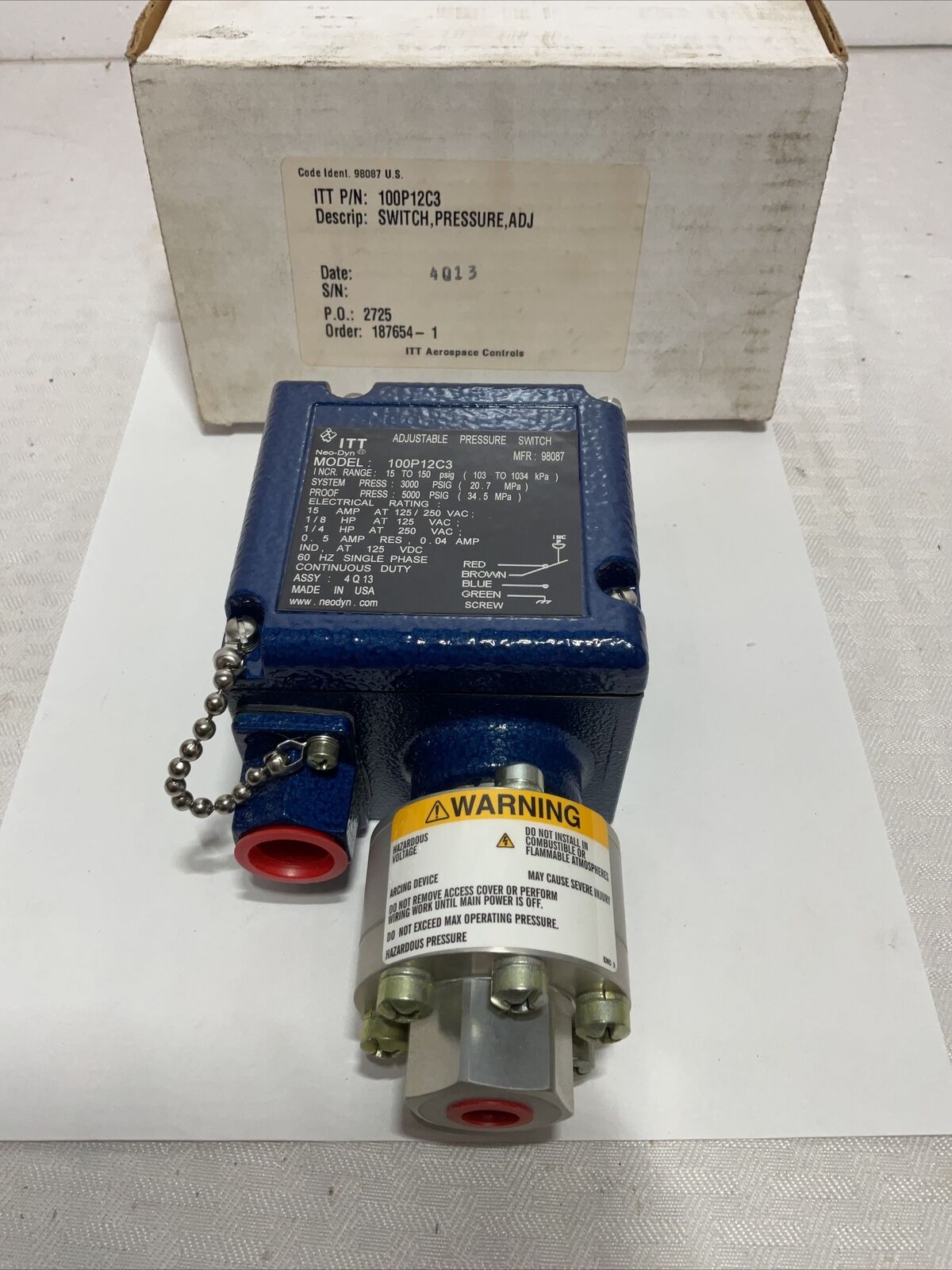 ITT 100P12C3,Neo-Dyn Adjustable Pressure Switch,15 to150psig (NEW) USA