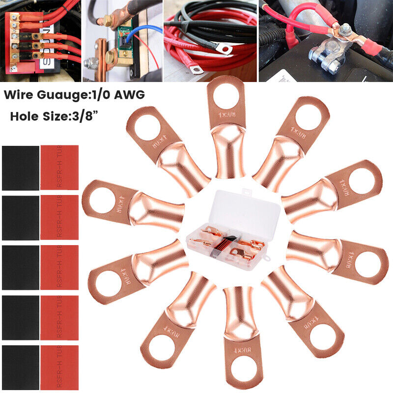 20 pcs 1/0 AWG Gauge Copper Lugs with RED & BLACK Heat Shrink Ring Terminals Set
