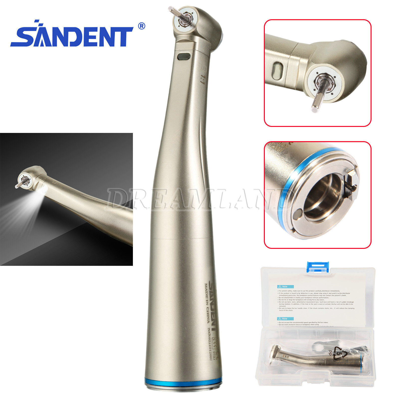 1-10PCS SANDENT Dental Fiber Optic LED 1:1 Contra Angle Handpiece FG 1.6mm