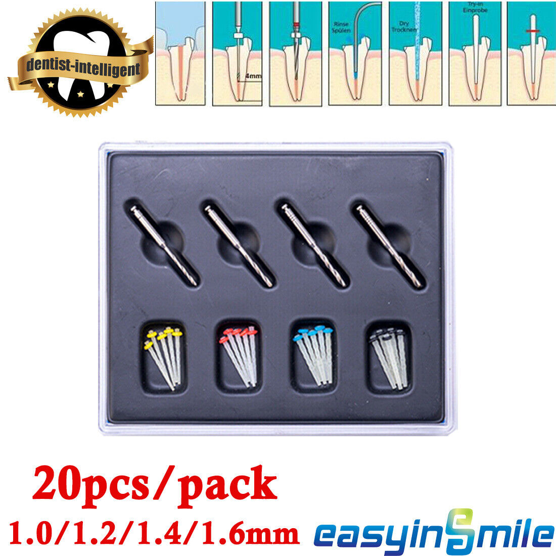 20Pcs Dental Endodontic Endo Root Canal Quartz Fiber Post 4 Size + 4 Drills Kits