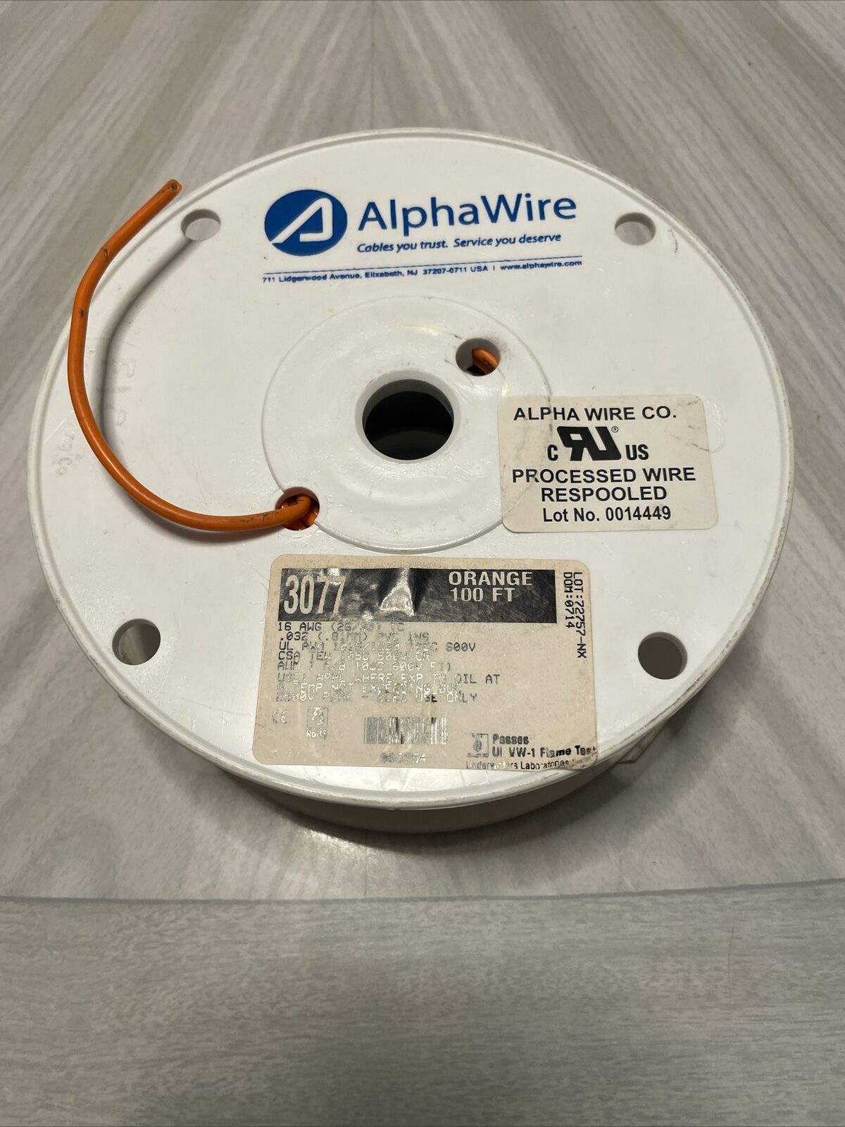Alpha Wire 3077 16 AWG Hook-Up Wire 26/30 Orange 600V ** 100’ Roll**